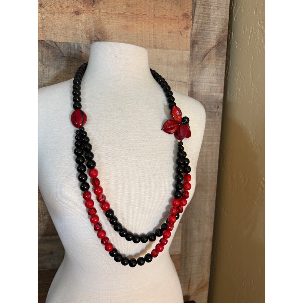 Black and Red Double Strand Floral Statement Necklace Asymmetrical Beaded